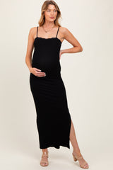 Black Lace Trim Side Slit Maternity Maxi Dress