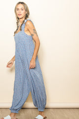 Blue Floral Ruffle Strap Barrel Leg Jumpsuit