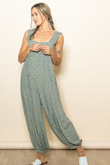 Green Floral Ruffle Strap Barrel Leg Maternity Jumpsuit