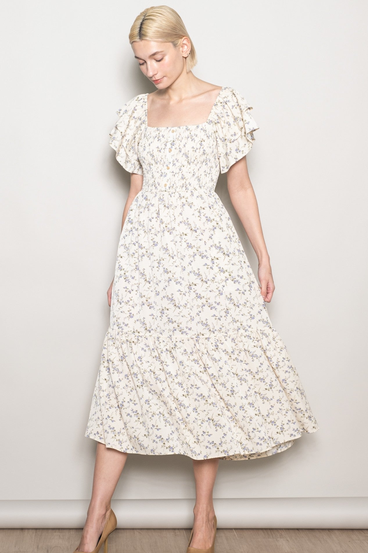 Ivory Floral Smocked Flutter Sleeve Midi Dress