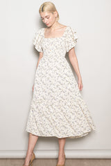 Ivory Floral Smocked Flutter Sleeve Midi Dress