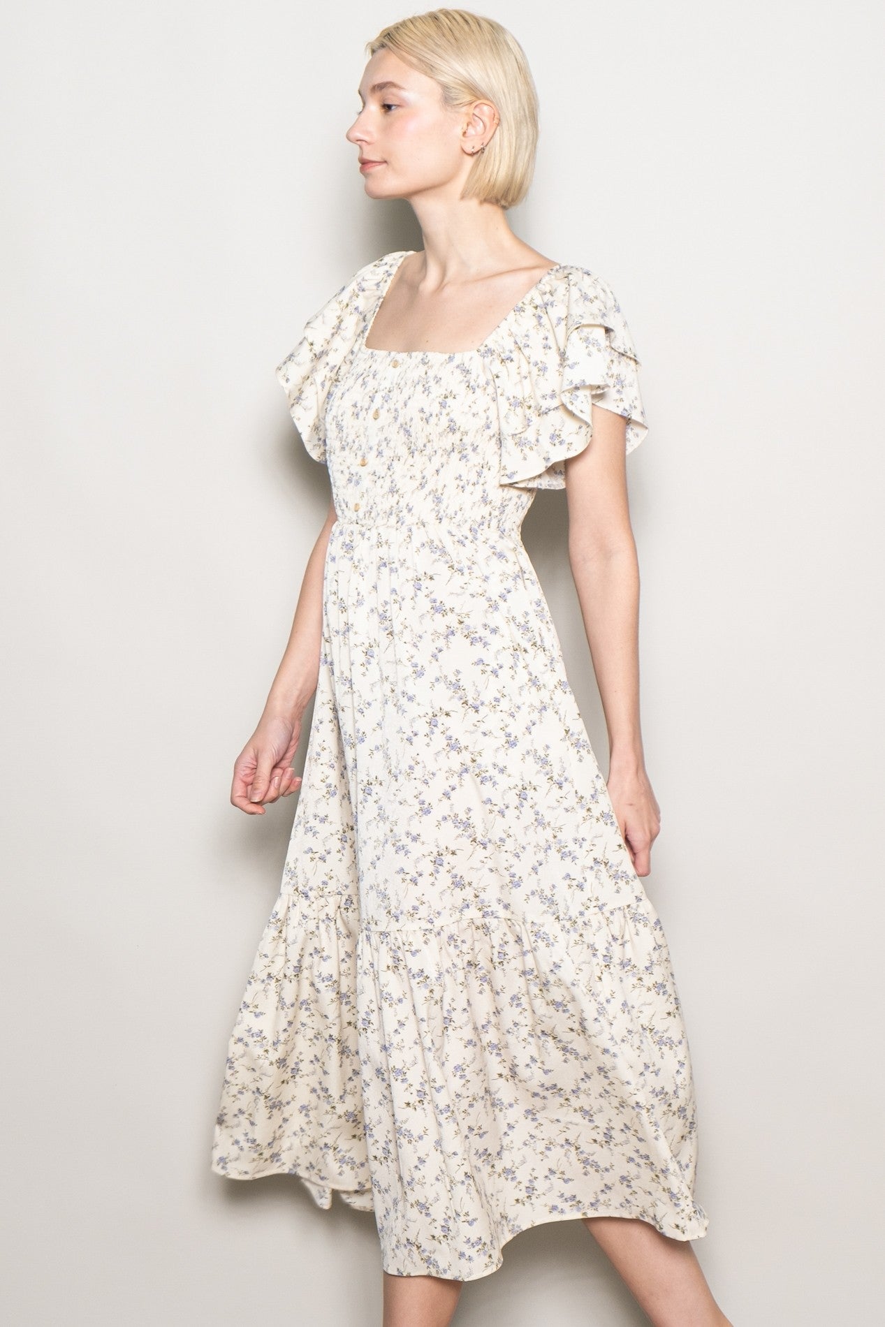Ivory Floral Smocked Flutter Sleeve Midi Dress