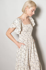 Ivory Floral Smocked Flutter Sleeve Midi Dress