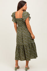 Olive Floral Smocked Flutter Sleeve Maternity Midi Dress