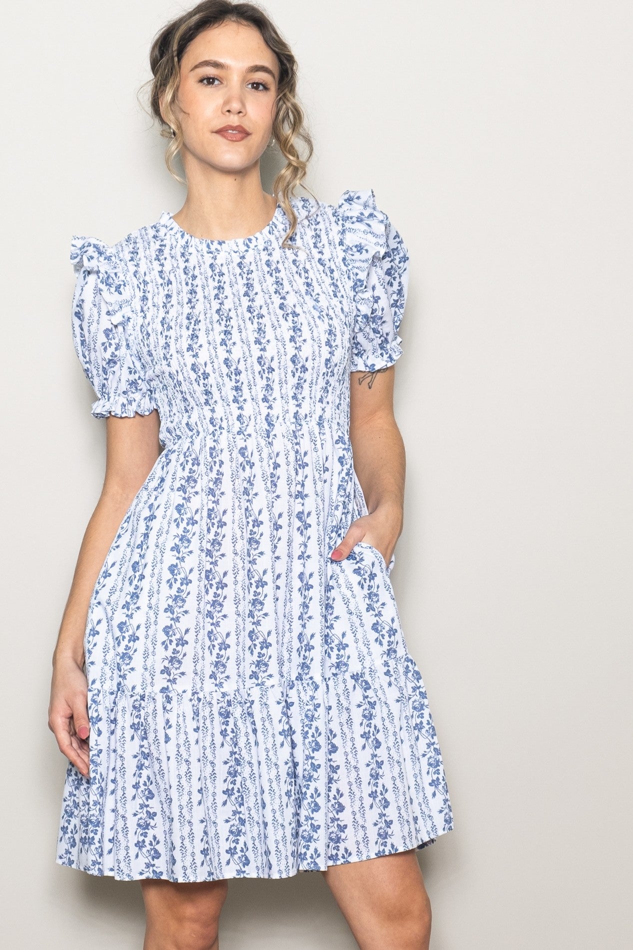 White Floral Smocked Ruffle Accent Maternity Dress