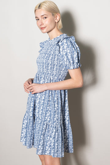 Blue Floral Smocked Ruffle Accent Dress