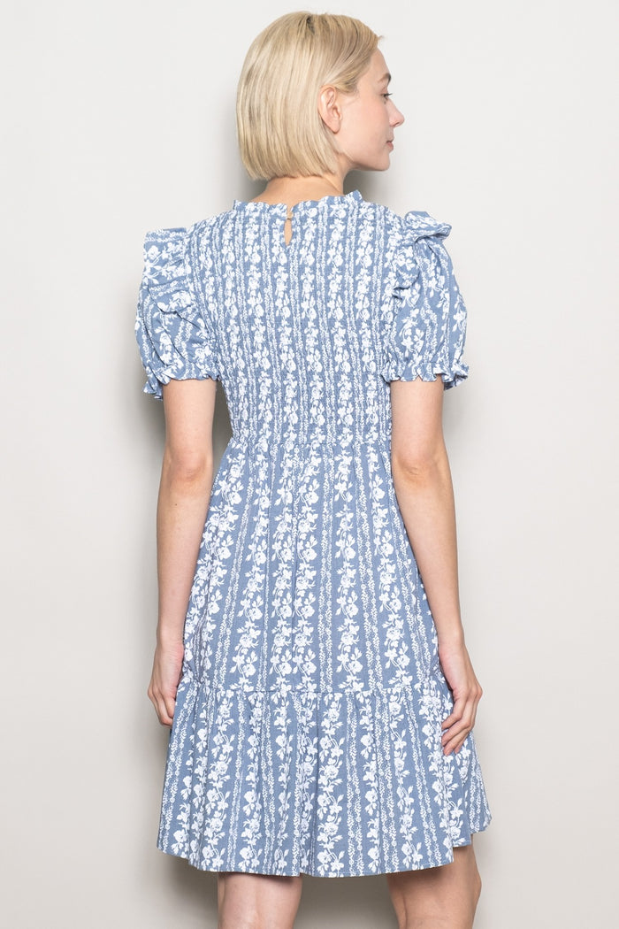 woman wearing a blue floral puff sleeve dress with a tiered skirt, viewed from the back