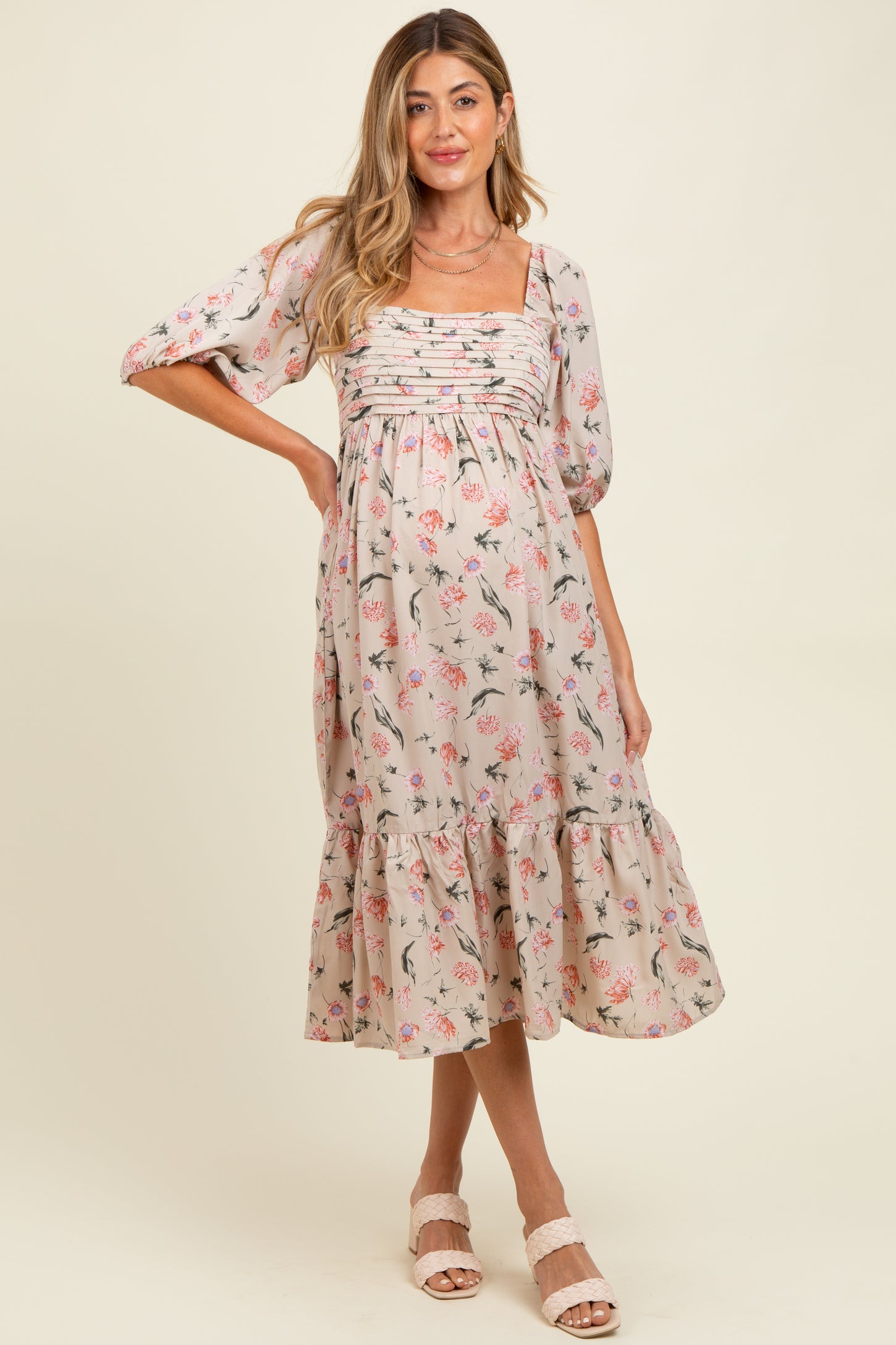 Cream Floral Pleated Bodice 3/4 Sleeve Maternity Midi Dress