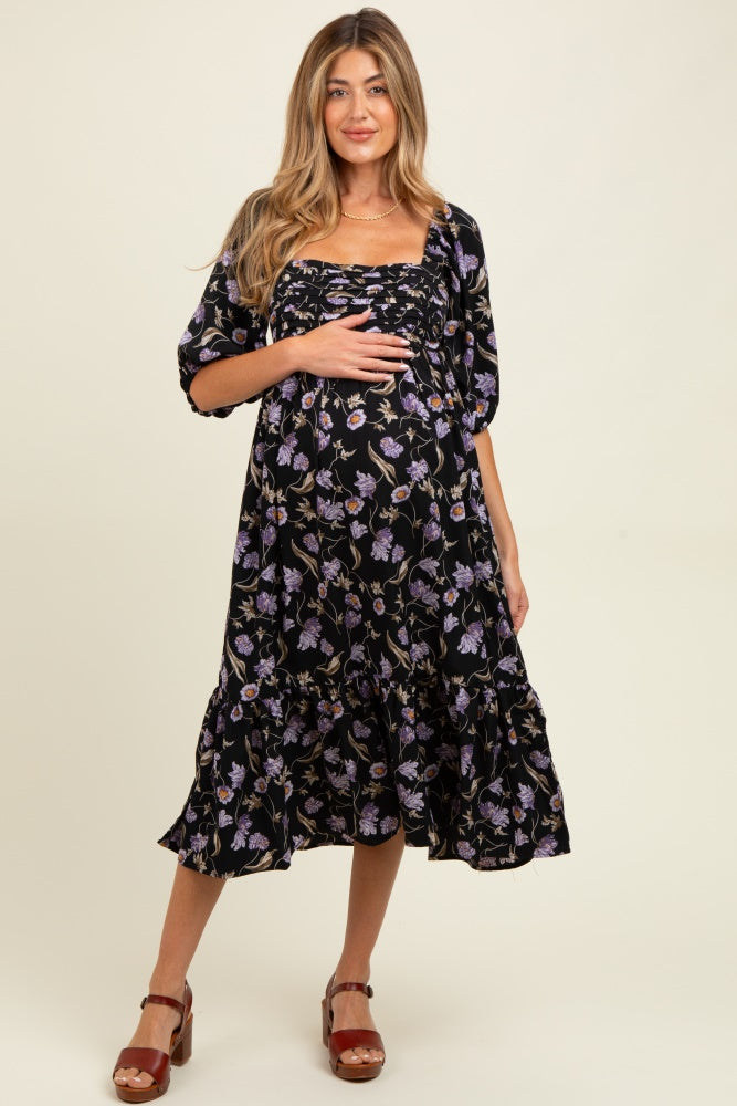 Black Floral Pleated Bodice 3/4 Sleeve Maternity Midi Dress