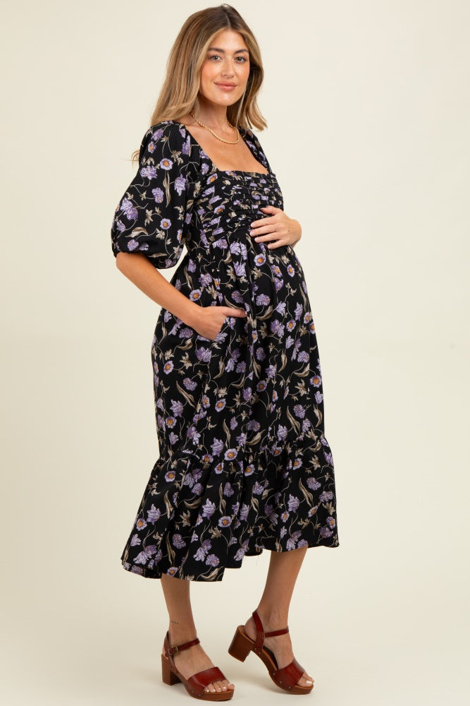 Black Floral Pleated Bodice 3/4 Sleeve Maternity Midi Dress