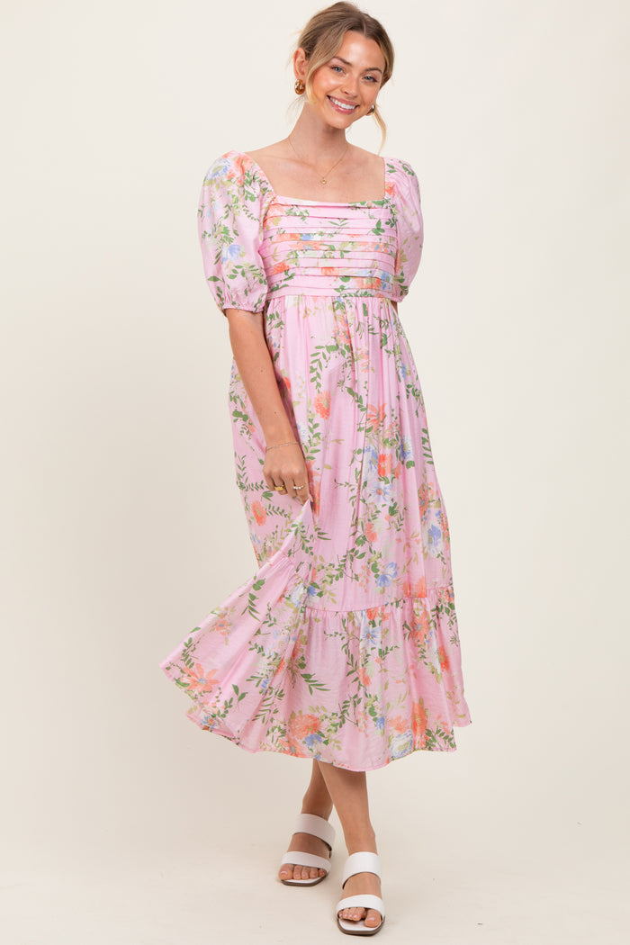 Pink Floral Pleated Bust Puff Sleeve Maternity Midi Dress
