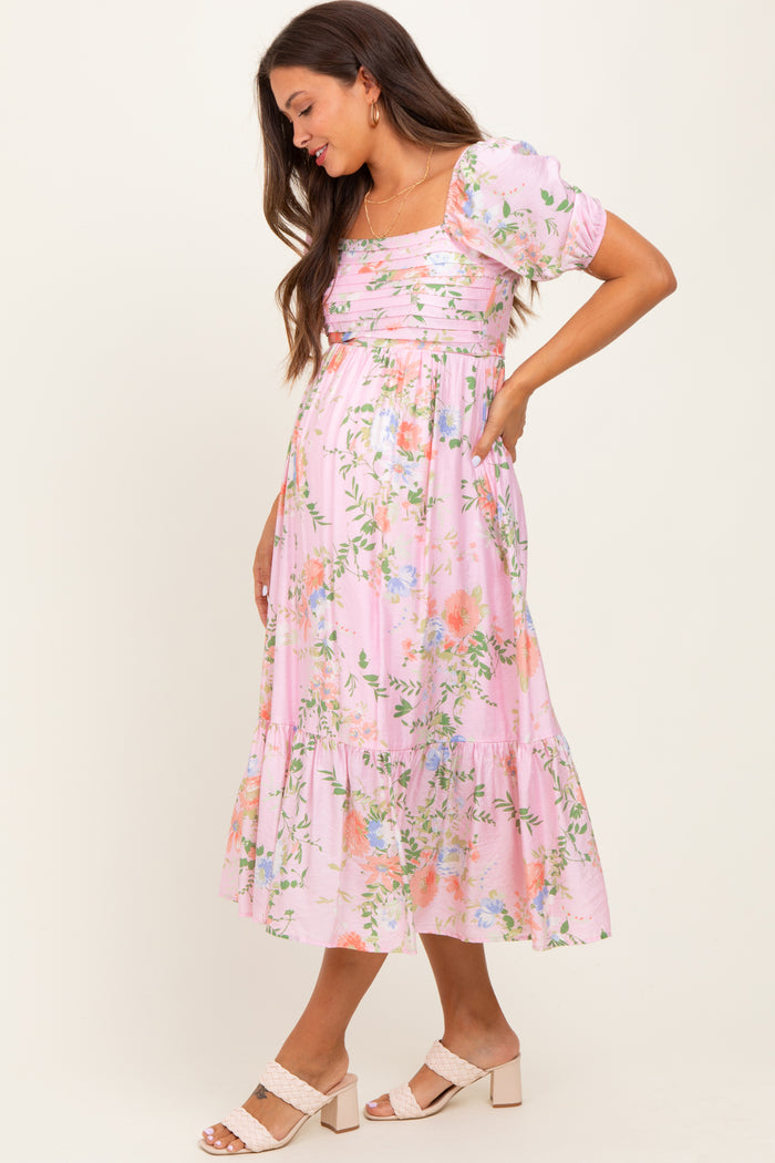Pink Floral Pleated Bust Puff Sleeve Maternity Midi Dress