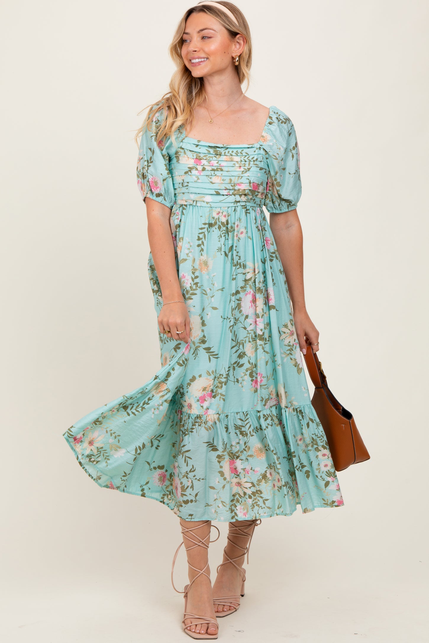 Mint Floral Pleated Bust Puff Sleeve Midi Dress