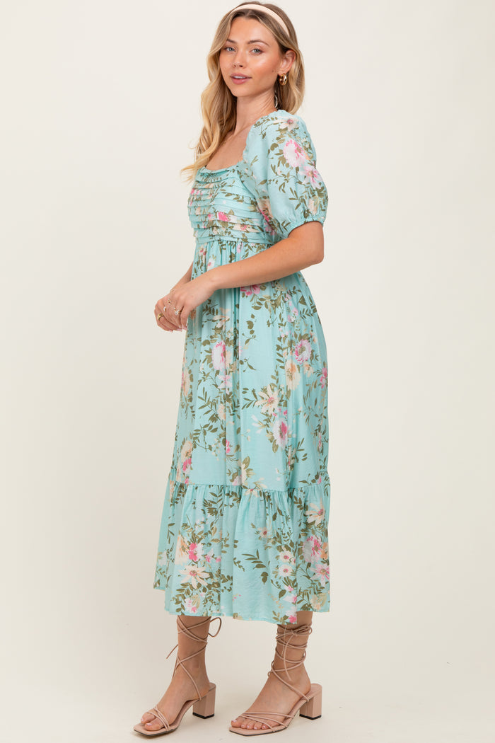 Mint Floral Pleated Bust Puff Sleeve Midi Dress