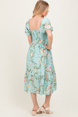 Mint Floral Pleated Bust Puff Sleeve Maternity Midi Dress