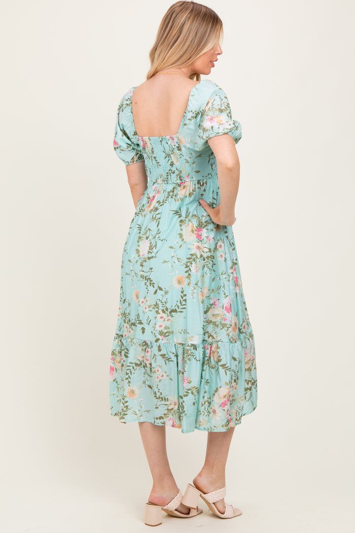 Mint Floral Pleated Bust Puff Sleeve Maternity Midi Dress