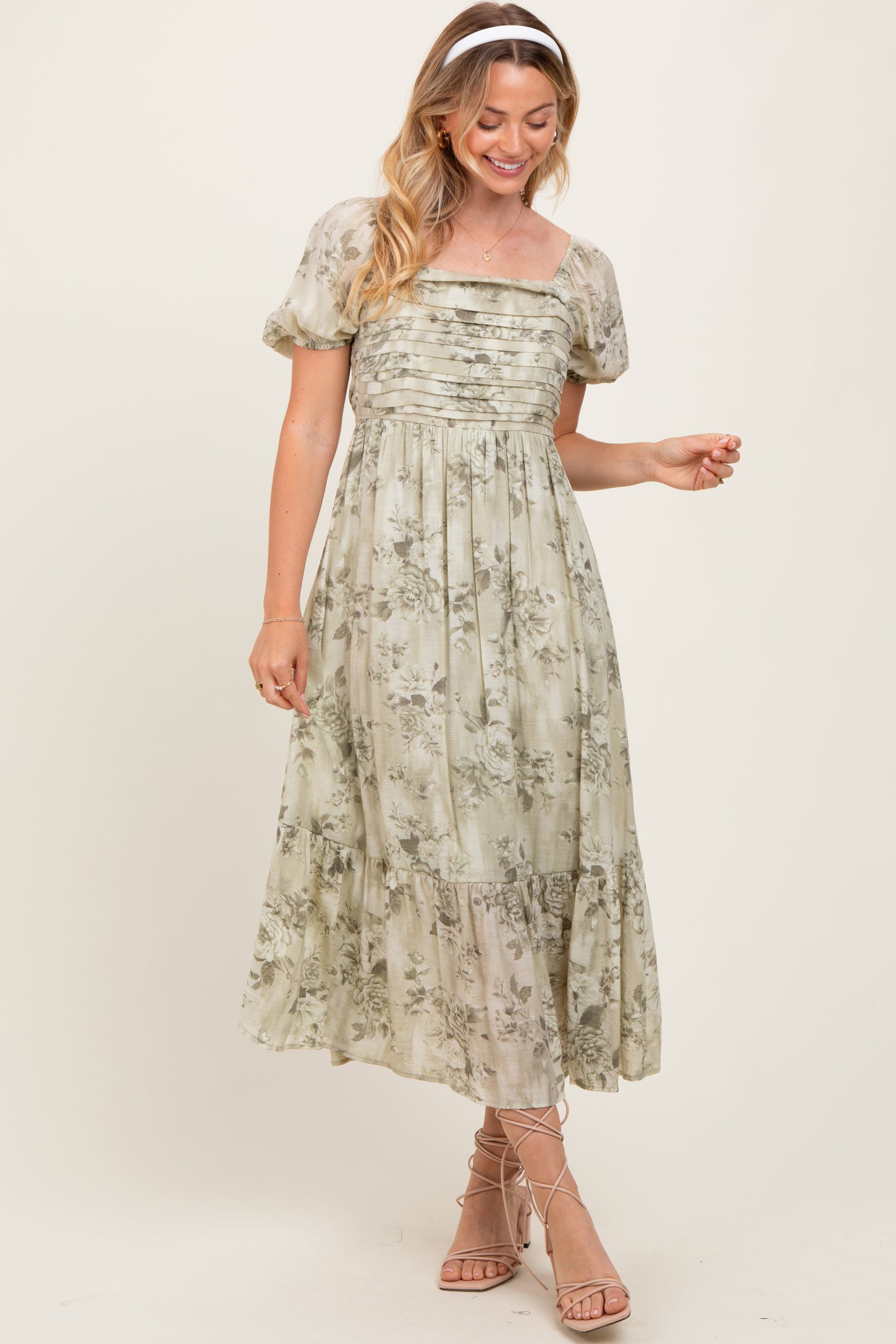 Olive Floral Pleated Bust Puff Sleeve Midi Dress