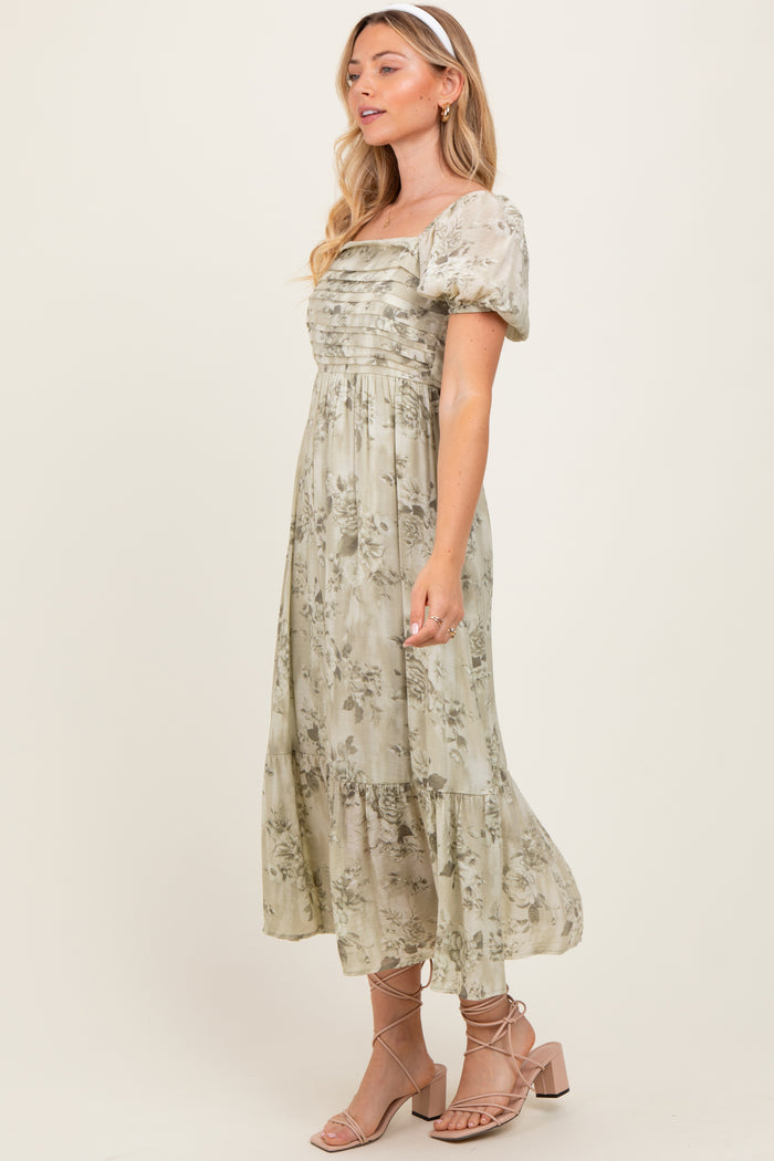 Olive Floral Pleated Bust Puff Sleeve Midi Dress