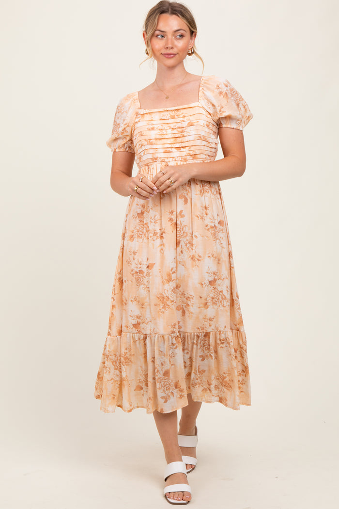 Peach Floral Pleated Bust Puff Sleeve Midi Dress
