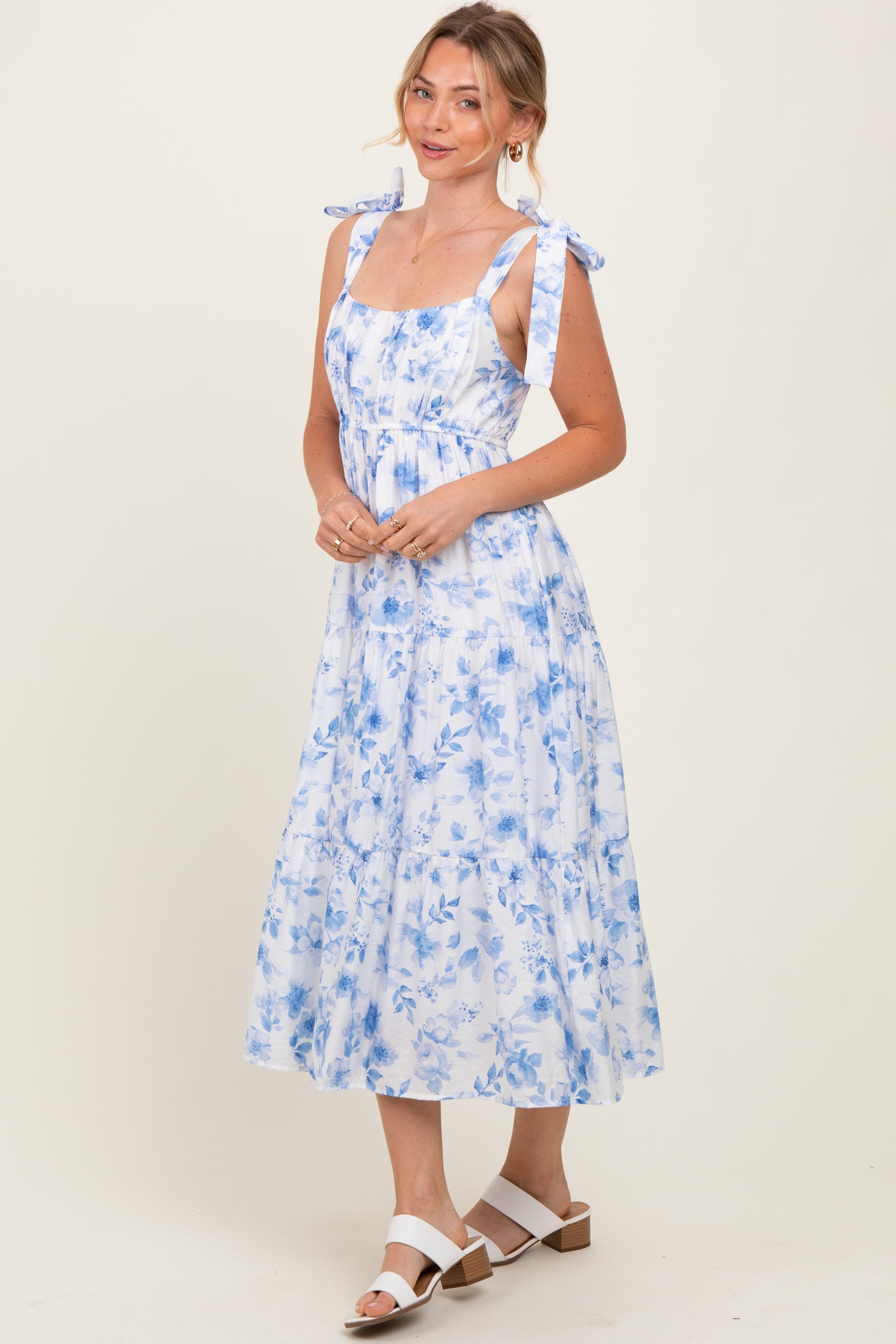 Blue Floral Shoulder Tie Tiered Midi Dress
