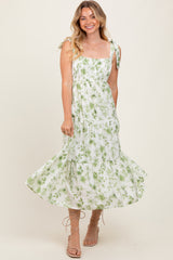 Olive Floral Shoulder Tie Tiered Midi Dress
