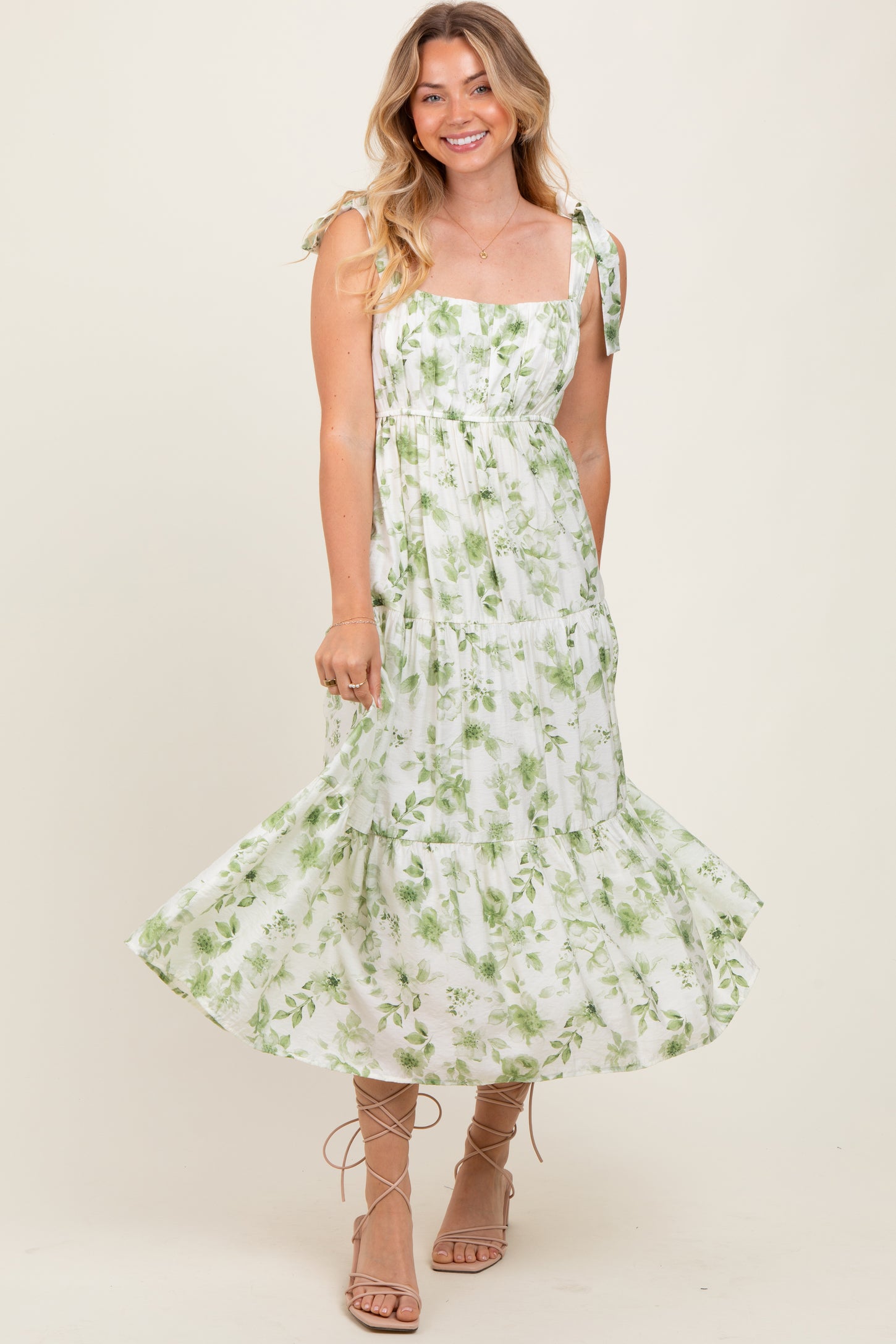 Olive Floral Shoulder Tie Tiered Maternity Midi Dress