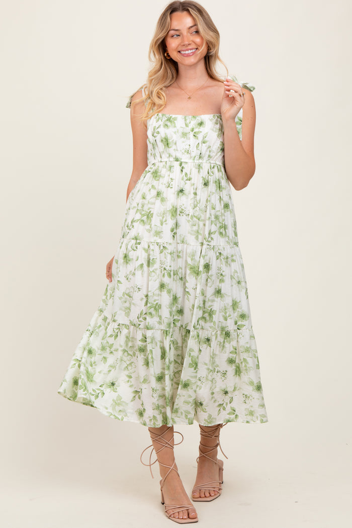 Olive Floral Shoulder Tie Tiered Midi Dress