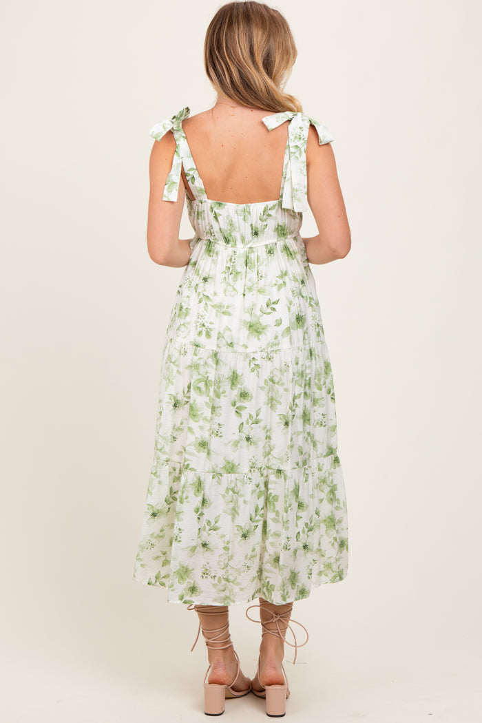Olive Floral Shoulder Tie Tiered Midi Dress