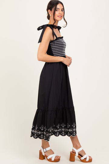 Black Smocked Embroidered Shoulder Tie Midi Dress