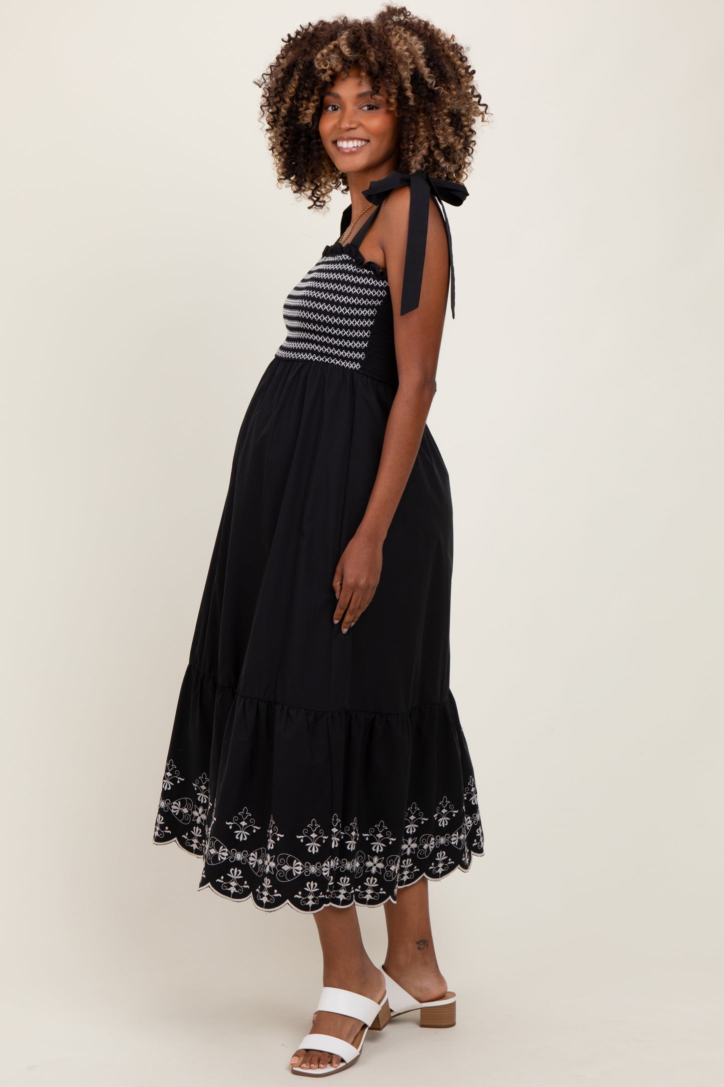 Black Smocked Embroidered Shoulder Tie Maternity Midi Dress