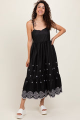Black Embroidered Shoulder Tie Midi Dress