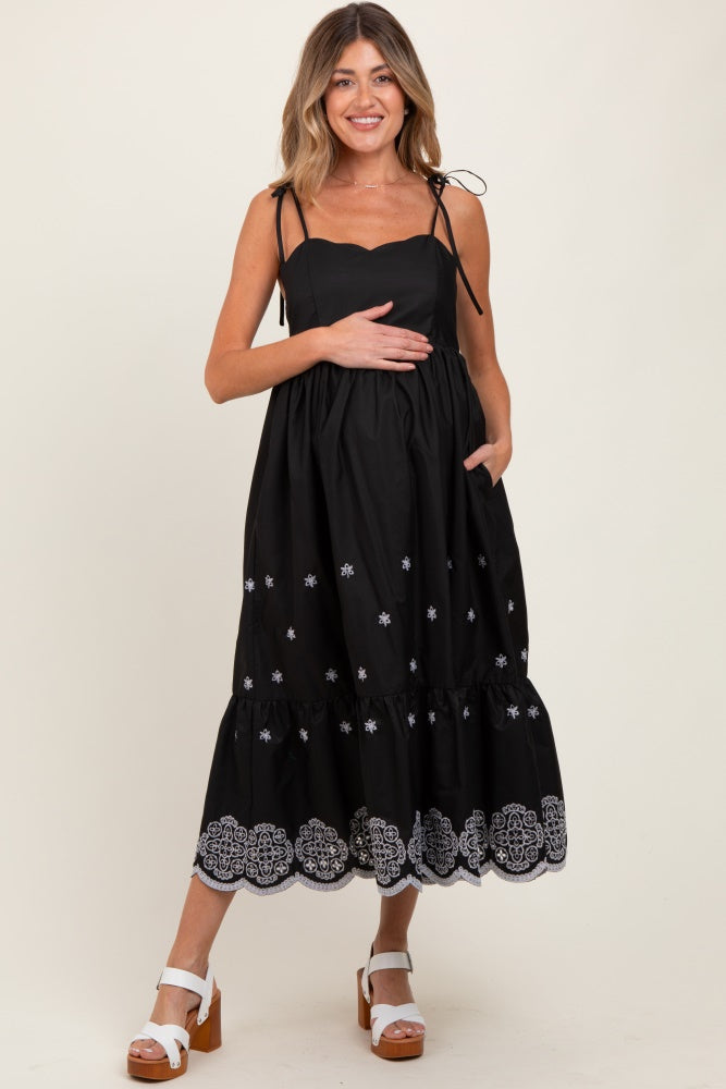 Black Embroidered Shoulder Tie Maternity Midi Dress