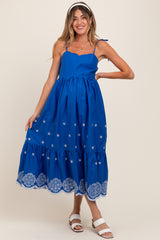 Blue Embroidered Shoulder Tie Maternity Midi Dress
