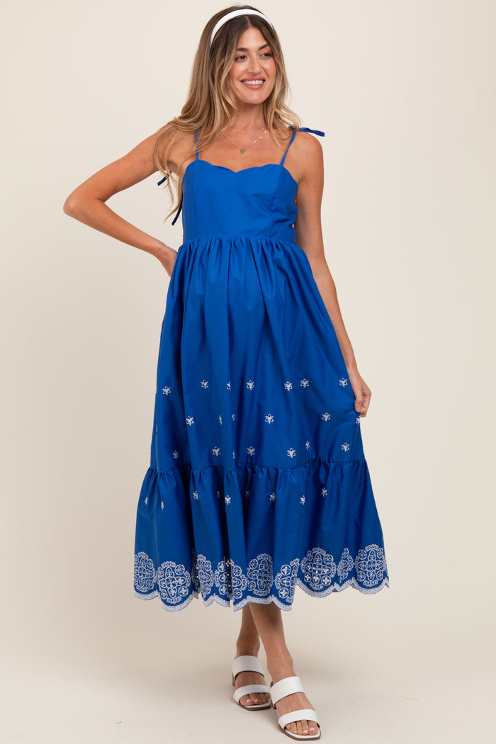 Blue Embroidered Shoulder Tie Maternity Midi Dress