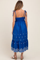 Blue Embroidered Shoulder Tie Maternity Midi Dress