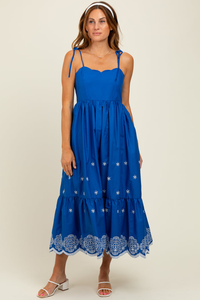 Blue Embroidered Shoulder Tie Maternity Midi Dress