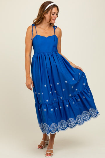Blue Embroidered Shoulder Tie Midi Dress