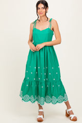 Green Embroidered Shoulder Tie Midi Dress