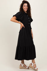 Black Puff Sleeve Side Tie Midi Shirt Dress
