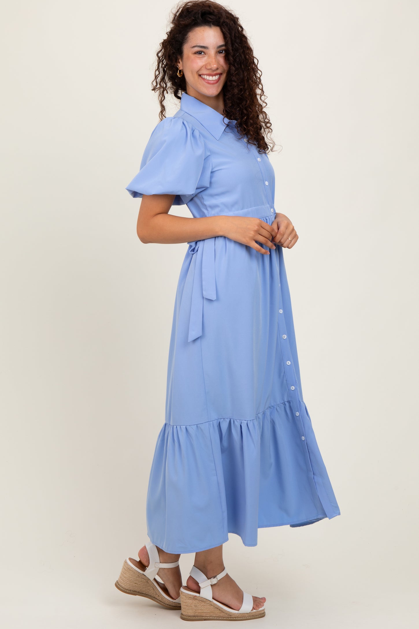 Light Blue Puff Sleeve Side Tie Midi Shirt Dress