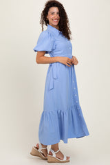 Light Blue Puff Sleeve Side Tie Midi Shirt Dress