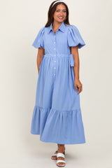 Light Blue Puff Sleeve Side Tie Maternity Midi Shirt Dress