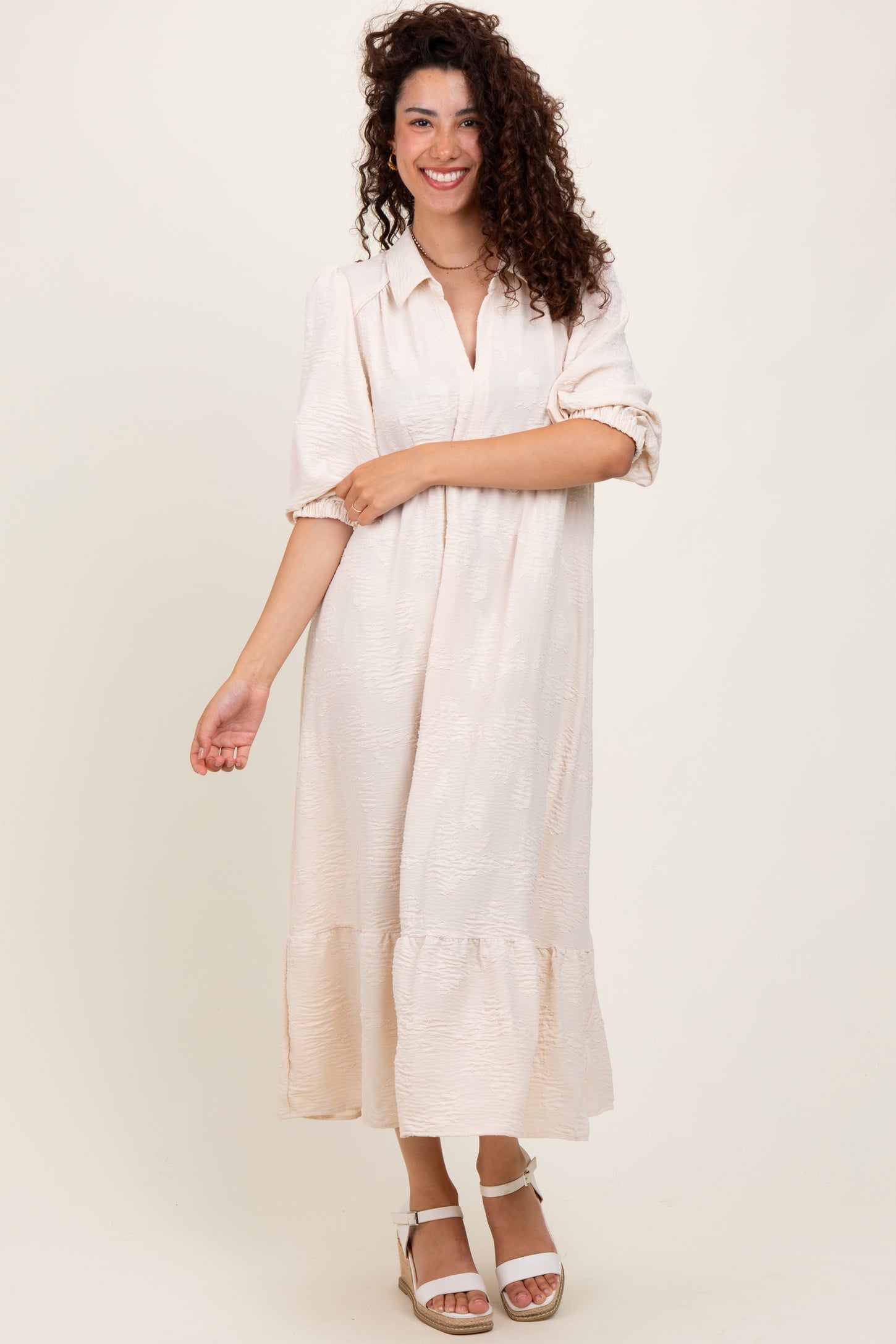 Cream Floral Applique Collared Midi Dress