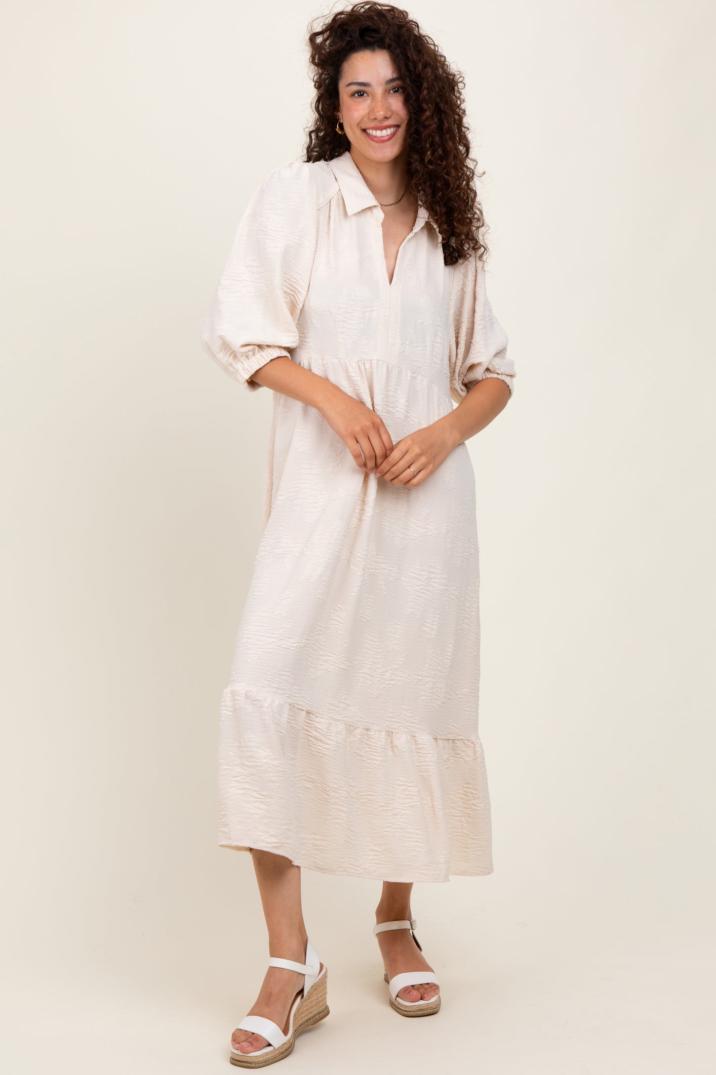 Cream Floral Applique Collared Maternity Midi Dress