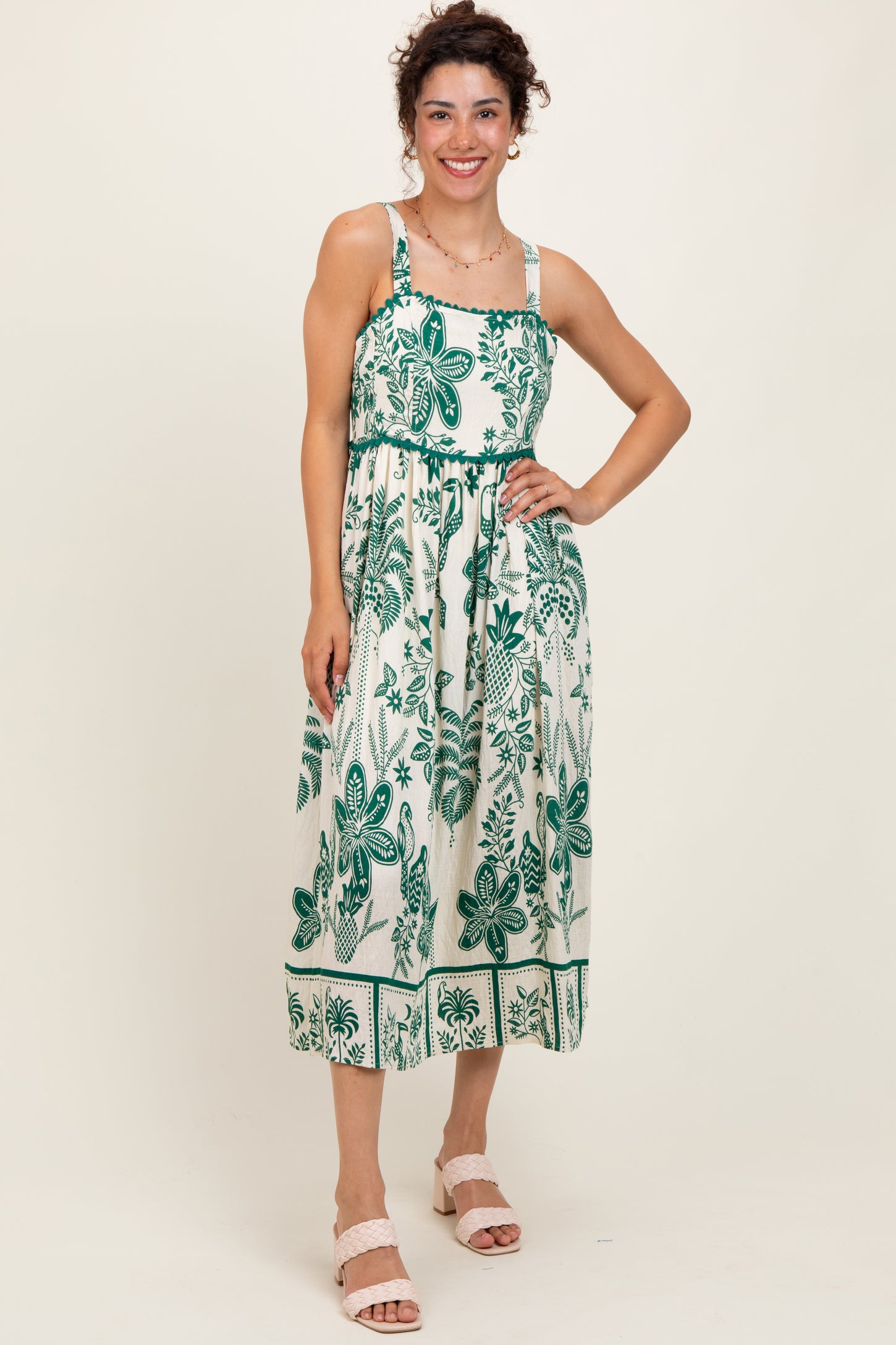 Green Floral Scallop Trim Maternity Midi Dress