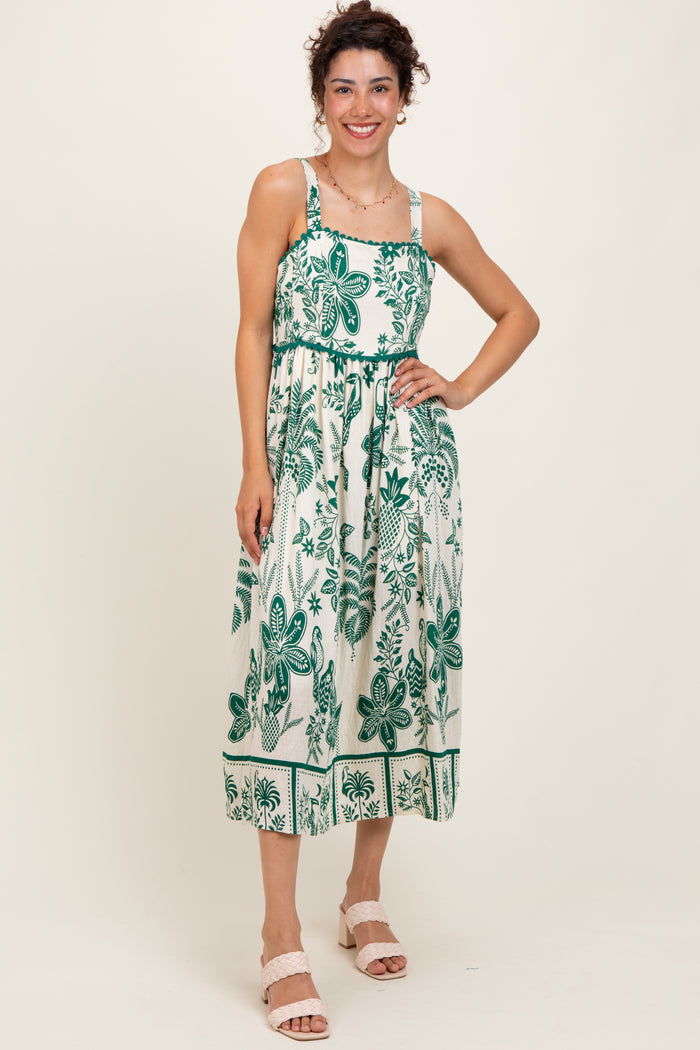 Green Floral Scallop Trim Maternity Midi Dress