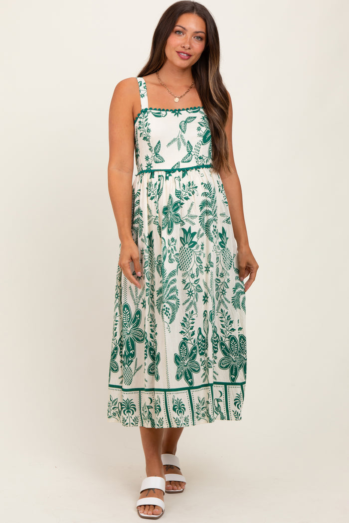 Green Floral Scallop Trim Maternity Midi Dress