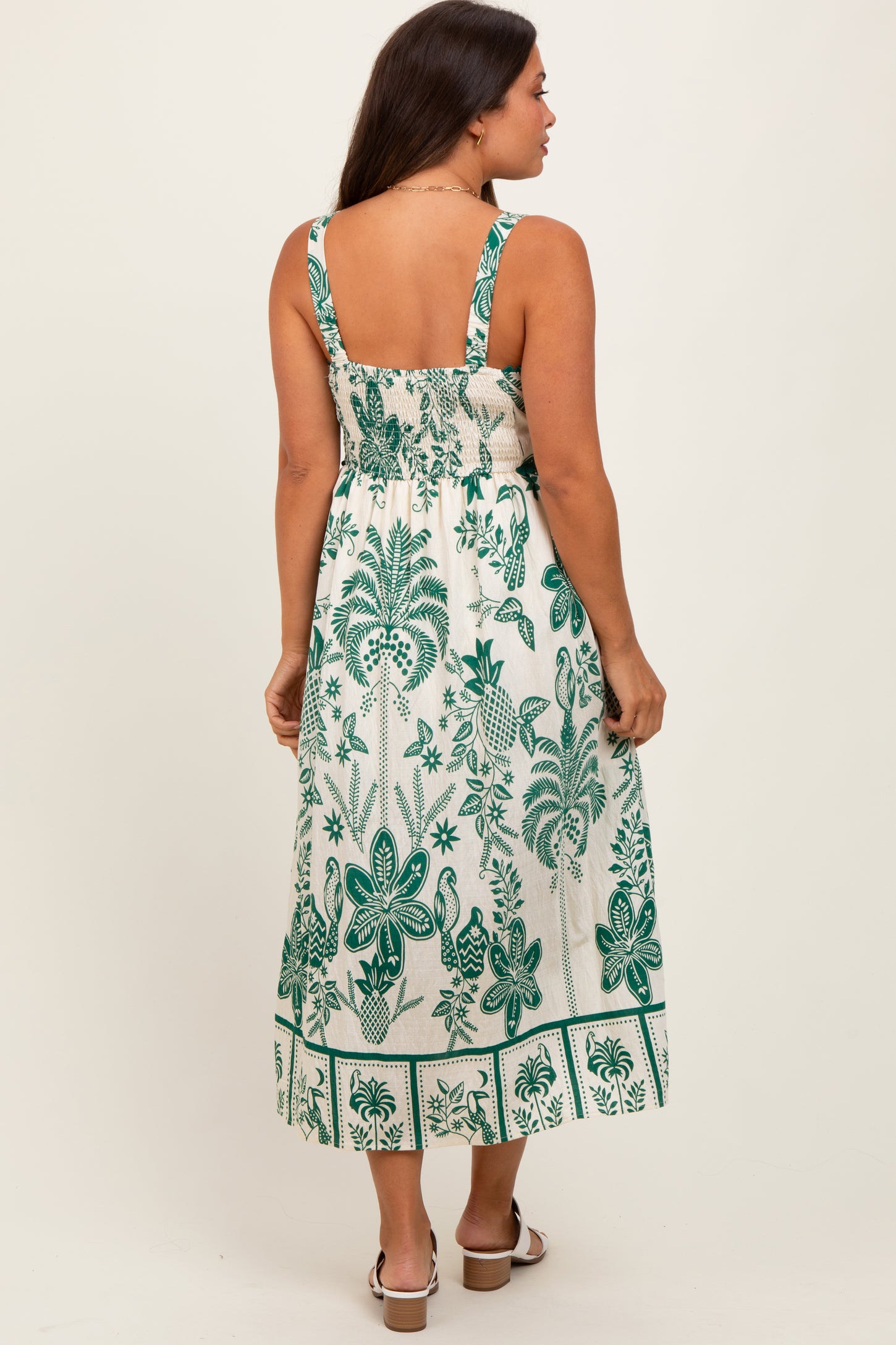 Green Floral Scallop Trim Maternity Midi Dress
