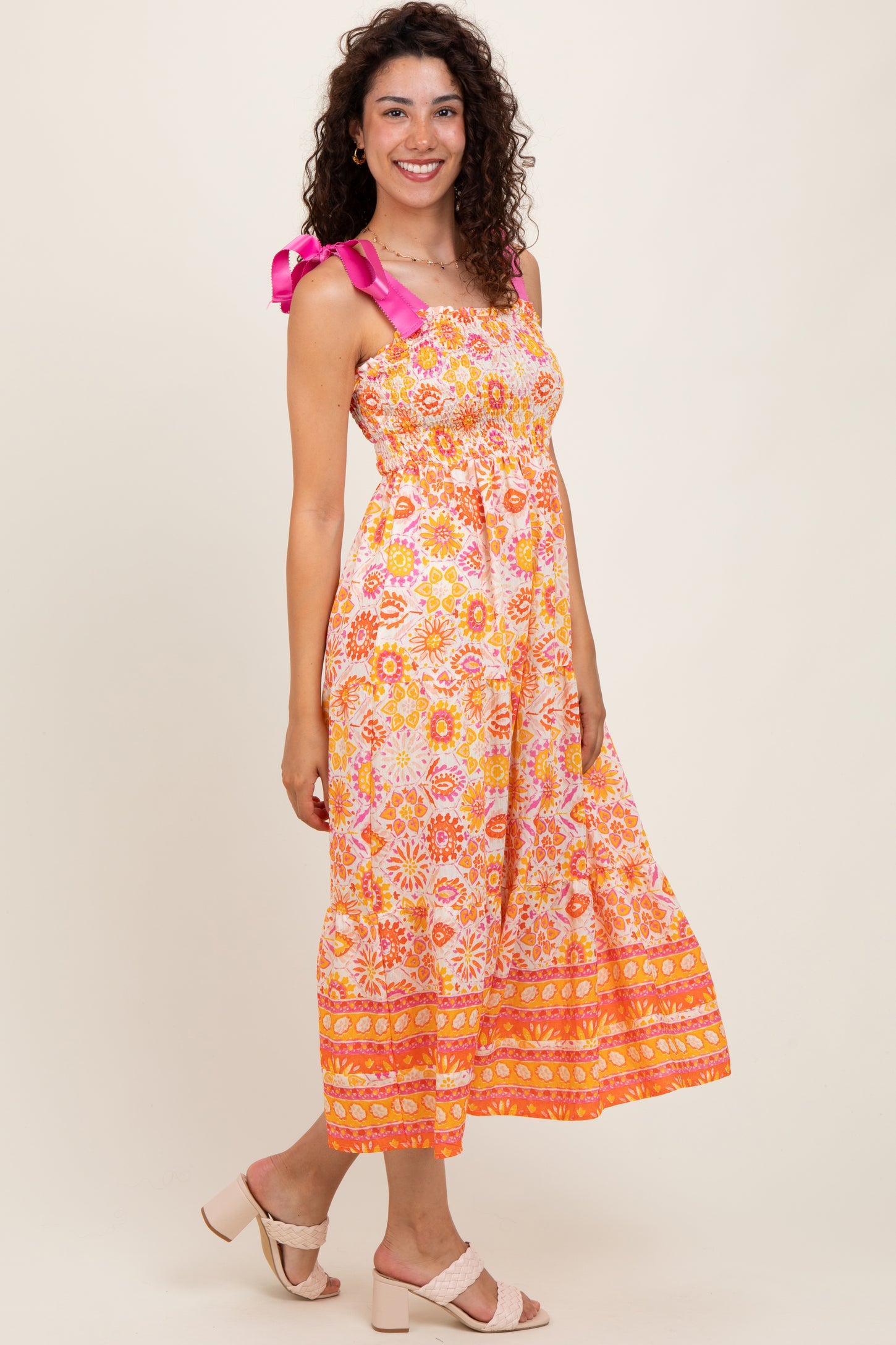 Yellow Floral Shoulder Tie Smocked Midi Dress