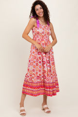 Orange Floral Shoulder Tie Smocked Midi Dress